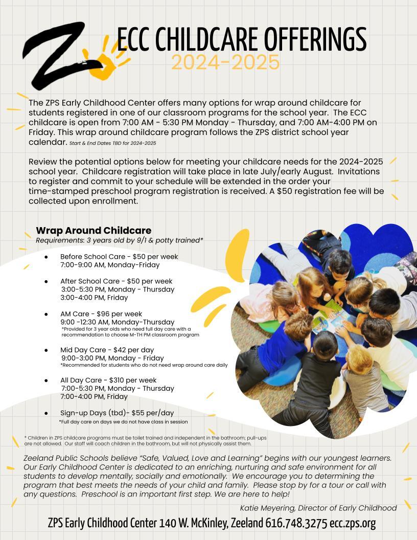 This flyer explains our childcare offerings for wrap around care for 2024-2025, as well as the pricing.  Please call our office at 616.748.3275 for complete information.