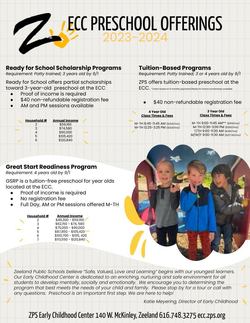 This image contains program information for our 23-24 school year offerings.  It is available by calling our office at 616.748.3275