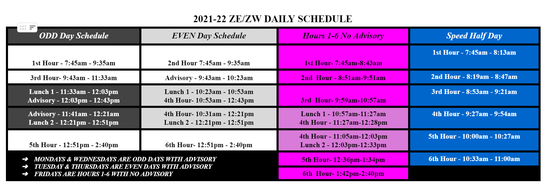 Daily Schedule Calendars Zeeland High Schools