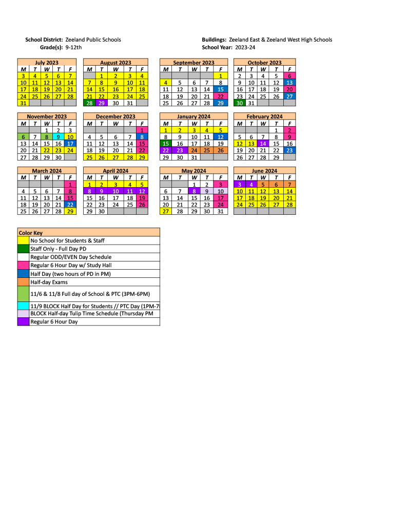 Odd/Even Schedule Calendars Zeeland High Schools