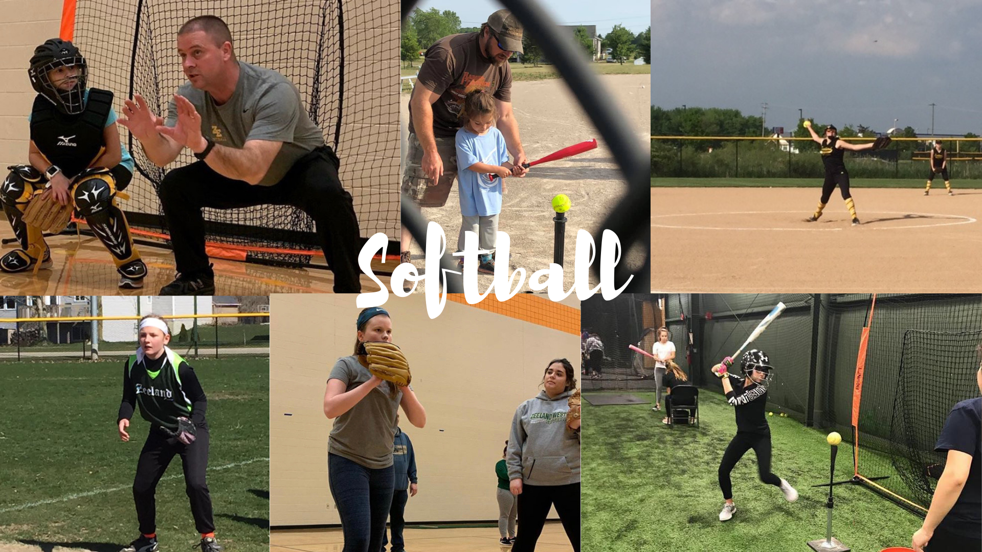 softball players catching, hitting and pitching